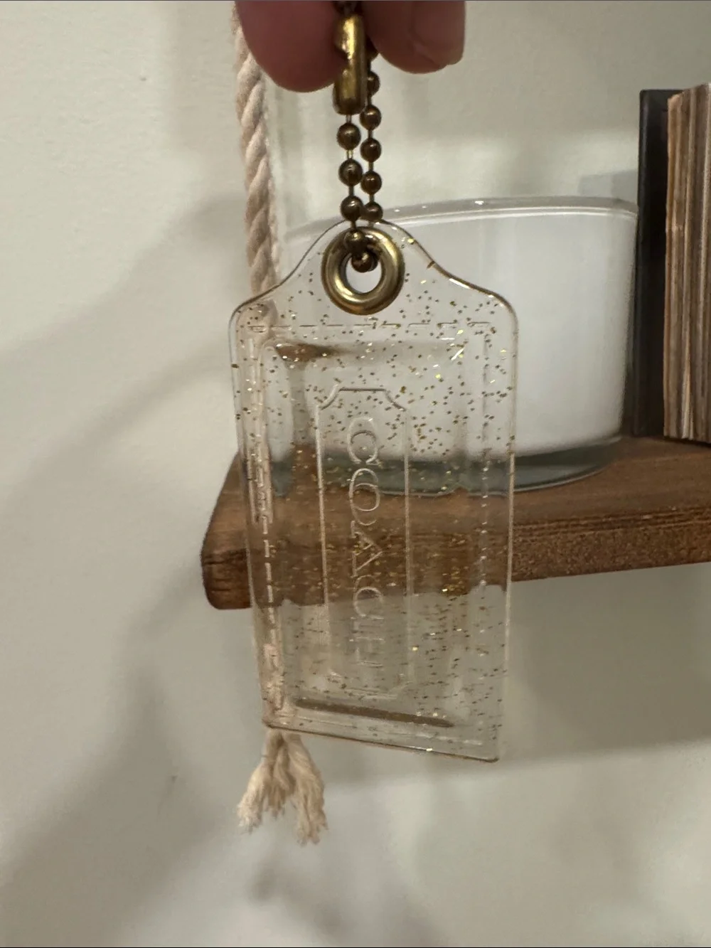 Coach Poppy Clear hangTag Keychain with Gold Glitter